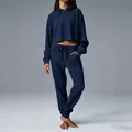 Cómodo conjunto de descanso azul marino de dos piezas con sudadera corta y joggers - S / Top Y Pantalón / Estilo Delgado / Azul marino