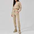 Conjunto de chándal beige de pana acanalada para mujer con sudadera corta con capucha - S / Top Y Pantalón / Estilo Delgado / Caqui