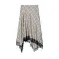 Detailansicht eines asymmetrischen Karorocks aus Chiffon mit schwarzer Spitzenkante. - Hellgrau Kariert
