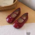 Elegant red patent leather Mary Jane shoes for girls with bow detail and elastic strap. - Size 23 Inner Length 14.3 / Burgundy