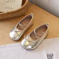 Elegant champagne gold girls' princess flats featuring a decorative bow and elastic strap - Size 23 Inner Length 14.3 / Gold