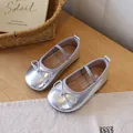 Silver metallic girls princess shoes with bow and non-slip sole in Korean style design. - Size 23 Inner Length 14.3 / Silver