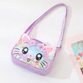 Detailed view of lavender cat crossbody bag with colorful glitter shaker and butterflies - Purple + Big Eyes Cat