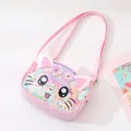 Close-up of a pink cartoon cat crossbody bag with glitter and butterfly details - Pink + Big Eyes Cat
