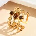 Retro roestvrijstalen ring met bruine natuursteen en 18K goudvergulde afwerking - Goud-Tijgeroog