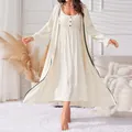 Elegant white two-piece sleepwear set with long nightgown and lace trim robe for women. - S / Top And Bottom / Off White