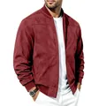 Veste bomber pour hommes en faux daim bordeaux avec col baseball et fermeture éclair. - S / Hauts / Bordeaux