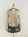 Elegant beige long-sleeve wrap shirt for women with slim fit lace-up waist design - Light Khaki