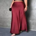 Elegant high waisted wine red satin maxi mermaid skirt with a glossy silk texture - S / Bottoms / Brick Red