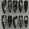 Faux ongles 3D amande gothiques noir et blanc avec effet œil de chat et motifs d'yeux - Style Œil de Chat Toile d'Araignée Œil Gothique Sombre (M-B325) / 10 pièces