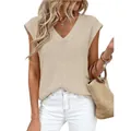 Stijlvolle dames mouwloze grofgebreide trui met V-hals in beige, casual fashion - S / Abrikoos