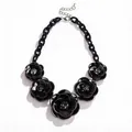 Elegant black acrylic camellia flower statement necklace for women's winter outfits - Ocean Black