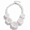 Elegant white acrylic flower necklace with chunky chain, bohemian style rose jewelry - Ocean White
