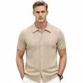 Men's beige short-sleeve knitted polo shirt with hollow-out pattern and buttons - M / Tops / Apricot