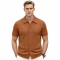 Men's summer brown hollow-out short sleeve knit polo cardigan with button front - M / Tops / Brown
