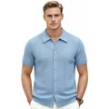 Men's sky blue short sleeve knitted polo cardigan with hollow pointelle texture - M / Tops / Blue