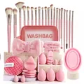 Pink makeup tool set with beauty blenders brushes puff and washbag storage container - 42 Pieces/Pack / Pink