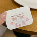 Holographic pink stud earring set with bow, bear and sphere shapes - Bear Earrings Set / Laser Pink