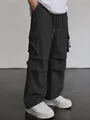 Men's dark grey American style cargo parachute pants with a loose wide leg fit - S / Bottoms / Black