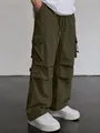 Men's olive green multi-pocket cargo parachute pants with a baggy loose fit design - S / Bottoms / Army Green