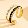 Bague élégante en acier inoxydable doré à deux rangées avec strass noirs et clairs - Or-Noir
