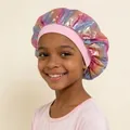 Colorful laser metallic sleep bonnet for kids with pink elastic band shown on child - One Size / Pink