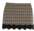Plaid mini skort with black lace hem trim in brown and khaki tones - Camel Lattice