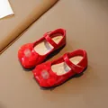 Elegant red patent leather girls princess shoes featuring a large mesh bow detail - EU 21 / Red