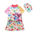 Zweiteiliges Kinder-Schwimmanzug-Set mit Meerjungfrau- und Fruchtprint inklusive Badehaube - M (75-80cm, 10-12.5kg) / Set / Frucht Delphin Meerjungfrau
