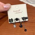 Asymmetric cartoon black cat drip oil earrings with cubic zirconia detail - Black Cat Earrings Collection (EKT007)