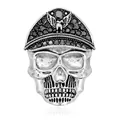 Gothic silver alloy skull brooch featuring black rhinestones and a detailed eagle emblem - Vintage Silver Military Hat Skull Style(B109-B)