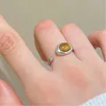 Minimalist silver-tone adjustable open ring featuring an oval tiger eye stone for women. - 虎眼石单层款式(WG-0965) / White Gold