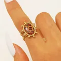 Vintage gold leopard print ring with beaded oval centerpiece and double band for women - 椭圆豹纹点阵款式(A-464) / 18K Gold