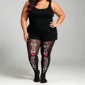 Plus size Halloween skeleton stockings with red heart print in soft black velvet - 45-100kg / Halloween Heart Skeleton
