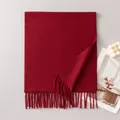Elegant solid dark red autumn winter wool scarf with long tassels for women shawl wrap - 35x180cm (With Label) / Ancorra Red