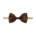 Brown ribbed ribbon bow attached to a soft beige elastic nylon headband for infants - Coffee (F850)