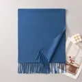 Soft premium solid blue wool scarf with elegant fringe tassels for winter fashion - Deep Sea Blue