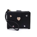 Close-up of black leather wallet with heart embroidery and functional wrist strap - Heart Embroidery Style / Black