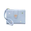 Detailed macro view of a light blue women's short wallet with heart embroidery and buckle. - Heart Embroidery Style / Blue