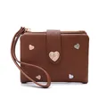 Detailed view of brown women's wallet with colorful heart embroidery and rose buckle - Heart Embroidery Style / Brown