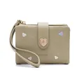Detailed view of sage green folded wallet with heart embroidery and heart buckle - Heart Embroidery Style / Green
