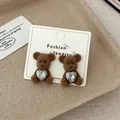 Charming brown flocked bear stud earrings featuring heart-shaped crystal zircon stone - Brown Bear (VF38) / Brown