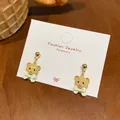 Sweet brown flocked bear stud earrings with white ribbon bow on jewelry card - Bear with Bowknot Earrings (JW2) / Brown Coffee
