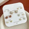 Exquisite seven-pair set of brown flocked bear and heart stud earrings for women - Big Eyed Bear Theme (UH5) / 7 Pairs Set