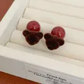 Sweet brown flocked bear stud earrings with shiny red ball backings for autumn and winter - Teddy Bear with Pearl Back (TDX) / Brown