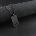 Black stainless steel dog tag necklace with hollow cross and red rhinestone detail. - Black + 60cm Black Chain / Red Zircon