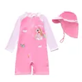 Full set of pink girls' one-piece swimsuit with dinosaur print and matching hat - L (90-100cm, 13-16kg) / Set / Bunting Dinosaur
