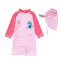 Detailed view of pink long-sleeve baby swimsuit set with cute dinosaur print and hat - L (90-100cm) / Set / Dancing Dinosaur