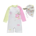 Close-up of children's one-piece long sleeve dinosaur swimsuit with matching sun hat - L (90-100cm) / Set / Pink Dinosaur