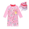 Pink plaid one-piece girls swimsuit and matching sun hat with cute dinosaur and cat prints - L (90-100cm, 13-16kg) / Set / Pink Cat Dinosaur
